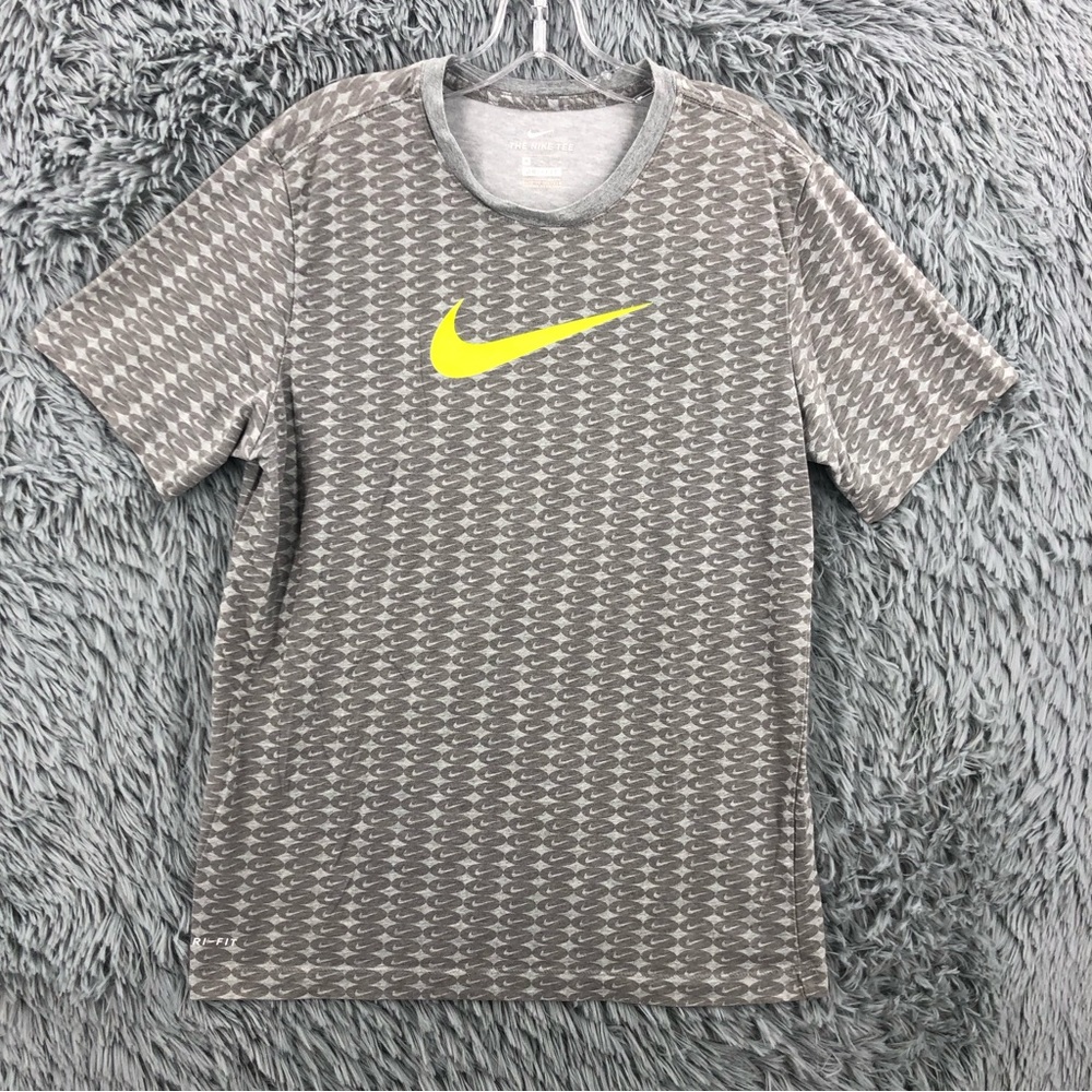 Nike Tshirt Mens Medium Dri Fit All Over Swoosh Checkmark Gray Yellow Shirt